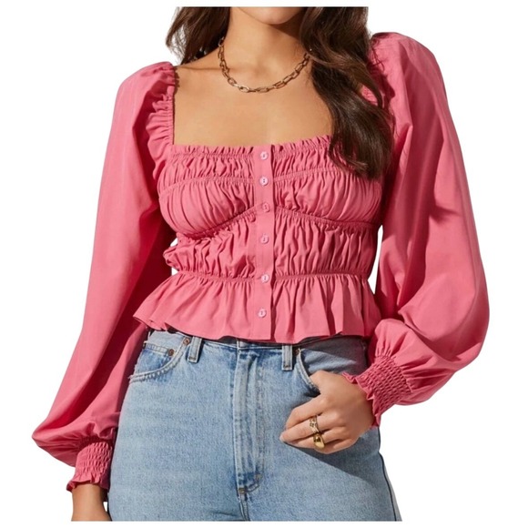ASTR The Label Tops - ASTR The Label Blouse Womens Small Pink Smocked Peplum Long Sleeve Coquette